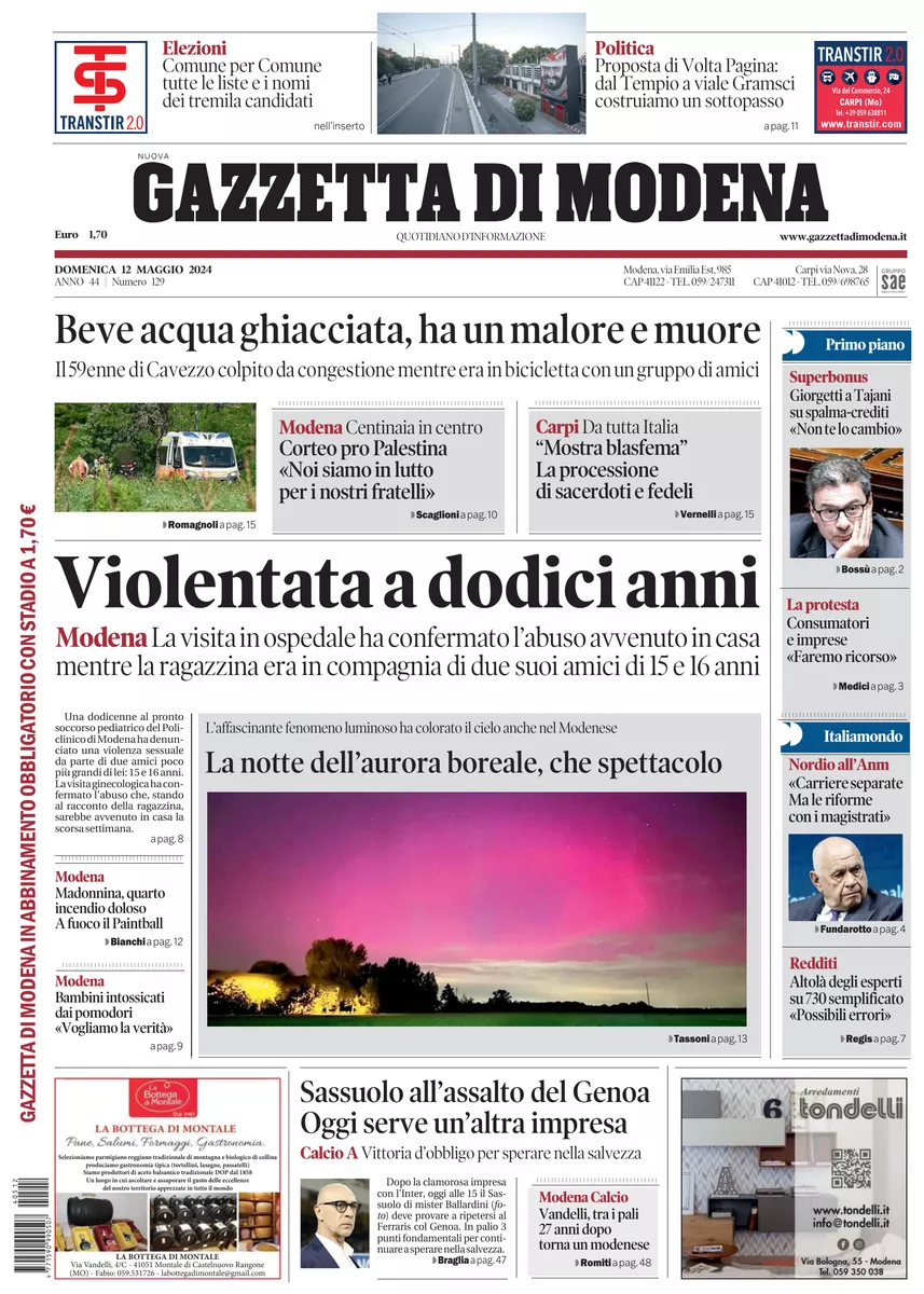 Prima-pagina-gazzetta di modena-oggi-edizione-del-2024-05-12